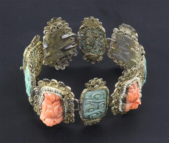 A Chinese silver-gilt coral and turquoise mounted bracelet, early 20th century, total length 18cm